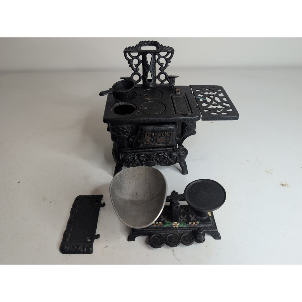 Vintage Mini Cast Iron Scale Weights Detachable Basket + Stove w/ Pot + Pale